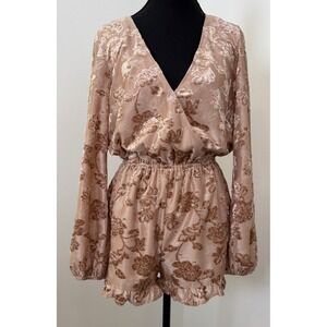 Wild Honey Burnout Velvet Floral Romper Rose Gold Long Sleeve Ruffle‎ Small